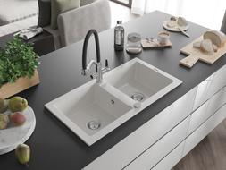 Mexen Mario granite kitchen sink 2-compartment with Duo kitchen faucet, white - 6504-20-671701-07