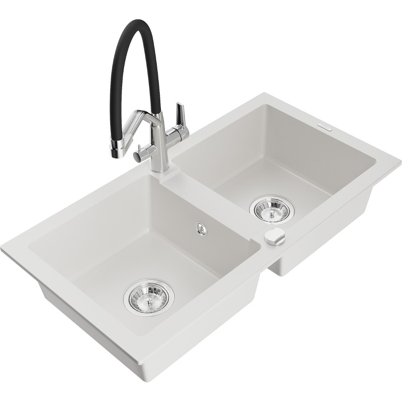 Mexen Mario granite double-bowl sink with Duo kitchen faucet, white - 6504-20-671701-07