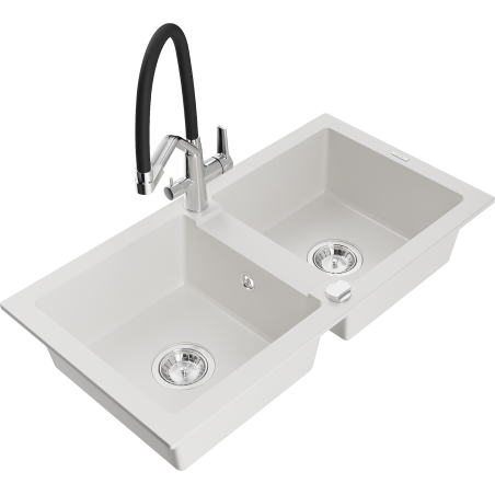 Mexen Mario granite double-bowl sink with Duo kitchen faucet, white - 6504-20-671701-07