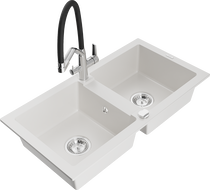 Mexen Mario granite kitchen sink 2-compartment with Duo kitchen faucet, white - 6504-20-671701-07