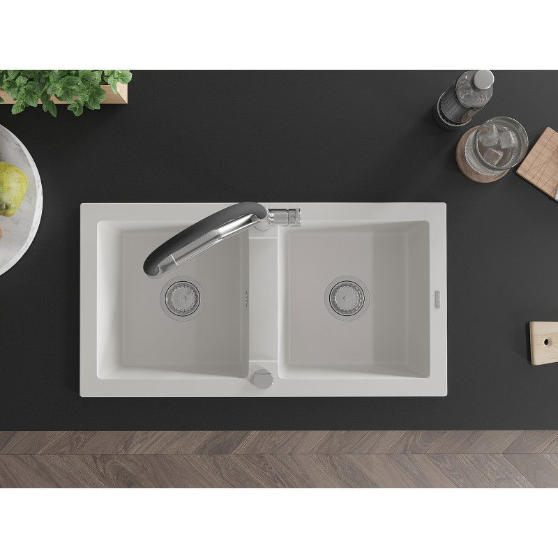 Mexen Mario 2-bowl granite kitchen sink with Duo tap, white - 6504-20-671701-07