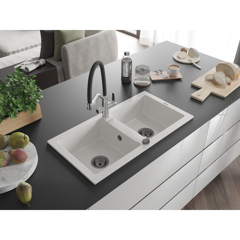 Mexen Mario 2-chamber granite sink with Duo kitchen faucet, white - 6504-20-671701-07-B