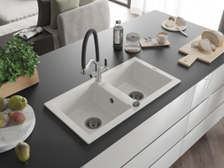 Mexen Mario granite double-bowl kitchen sink with Duo faucet, white - 6504-20-671701-07-B