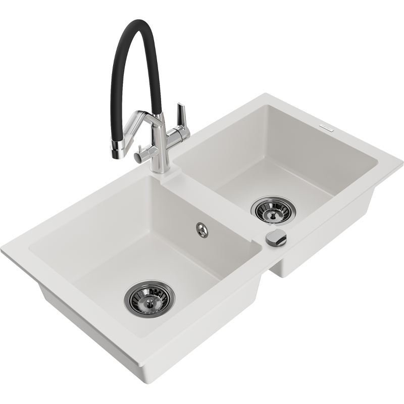 Mexen Mario 2-bowl granite sink with Duo kitchen tap, white - 6504-20-671701-07-B