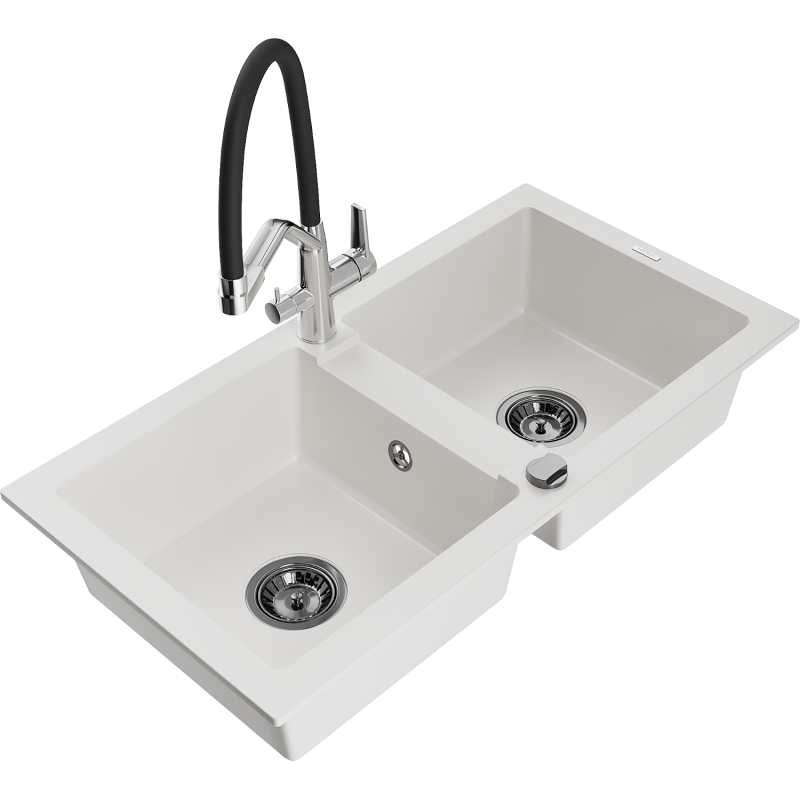 Mexen Mario 2-compartment granite sink with a kitchen mixer tap Duo, white - 6504-20-671701-07-B