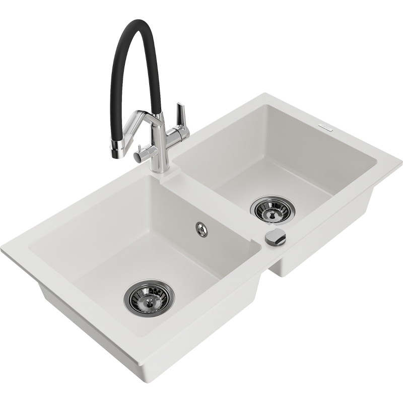 Mexen Mario granite double-bowl kitchen sink with Duo faucet, white - 6504-20-671701-07-B