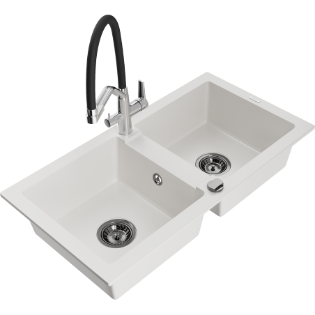 Mexen Mario 2-chamber granite sink with Duo kitchen faucet, white - 6504-20-671701-07-B