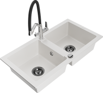 Mexen Mario granite double-bowl kitchen sink with Duo faucet, white - 6504-20-671701-07-B