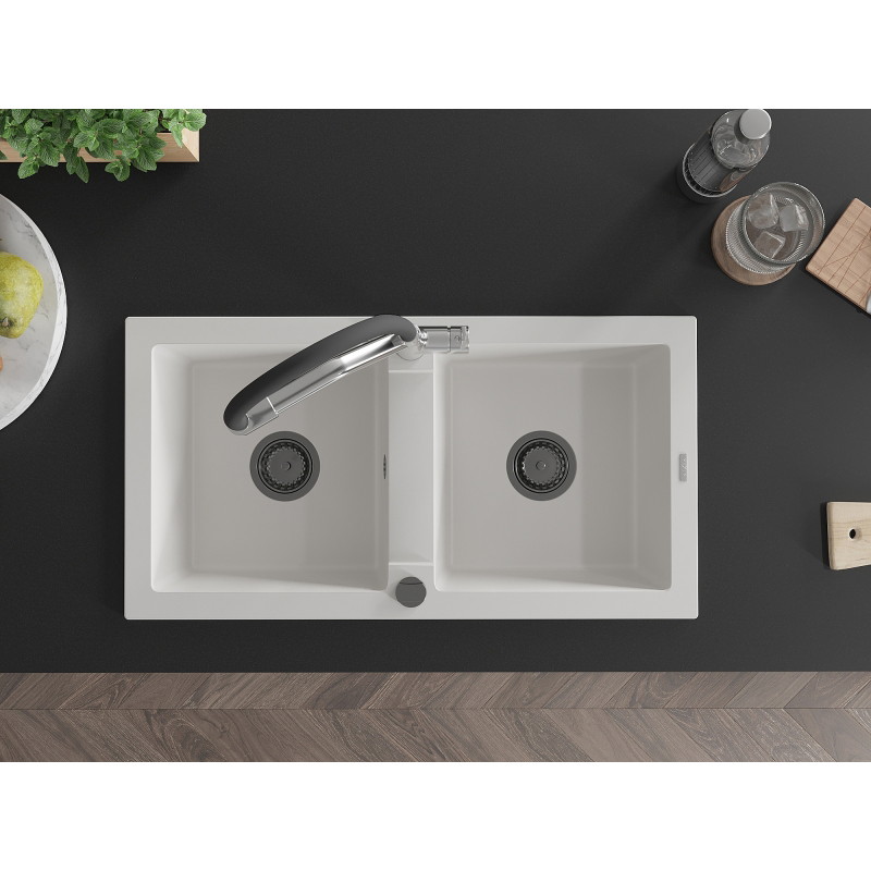 Mexen Mario granite double-bowl kitchen sink with Duo faucet, white - 6504-20-671701-07-B