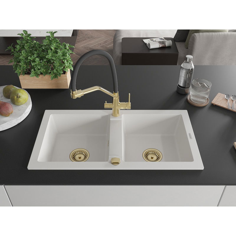 Mexen Mario granite double-bowl sink with Duo kitchen tap, white - 6504-20-671701-57-G