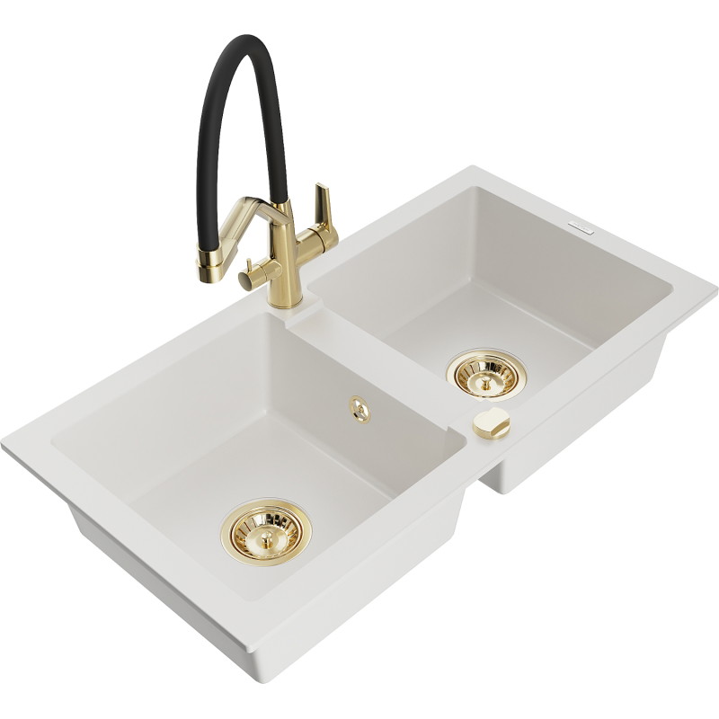 Mexen Mario granite double-bowl sink with kitchen faucet Duo, white - 6504-20-671701-57-G