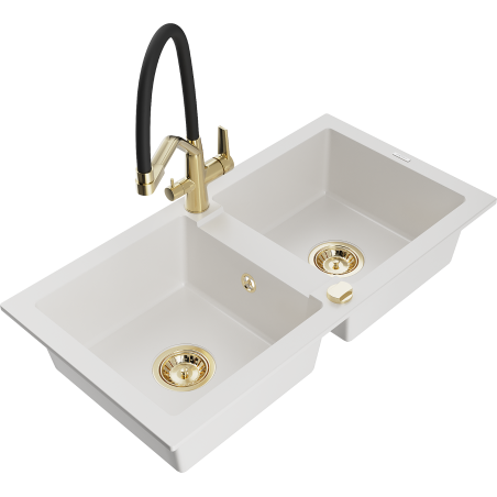Mexen Mario granite double-bowl sink with kitchen faucet Duo, white - 6504-20-671701-57-G
