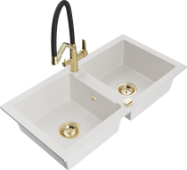 Mexen Mario 2-chamber granite kitchen sink with Duo faucet, white - 6504-20-671701-57-G