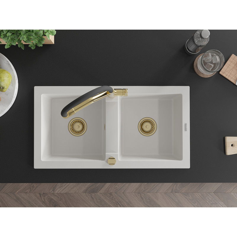 Mexen Mario granite double-bowl sink with Duo kitchen tap, white - 6504-20-671701-57-G