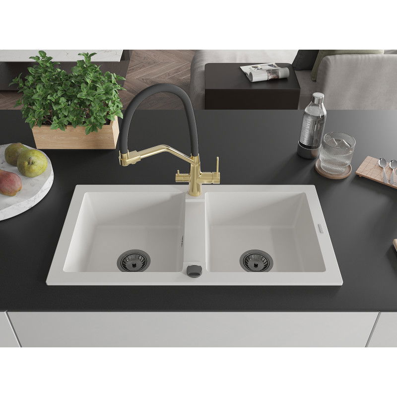 Mexen Mario 2-bowl granite kitchen sink with Duo tap, white - 6504-20-671701-57-B
