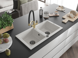 Mexen Mario 2-bowl granite kitchen sink with Duo tap, white - 6504-20-671701-57-B
