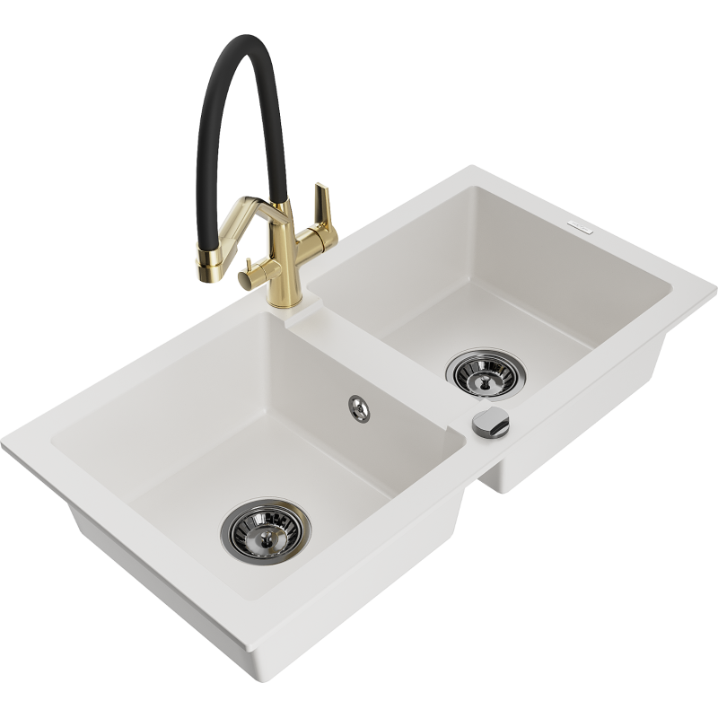 Mexen Mario 2-bowl granite kitchen sink with Duo tap, white - 6504-20-671701-57-B