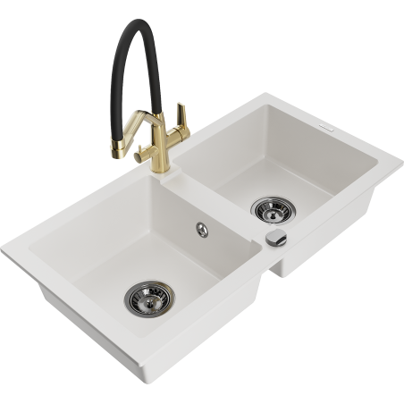 Mexen Mario 2-bowl granite kitchen sink with Duo tap, white - 6504-20-671701-57-B