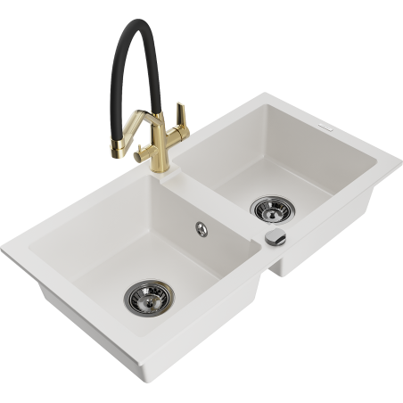 Mexen Mario 2-compartment granite sink with a kitchen mixer tap Duo, white - 6504-20-671701-57-B