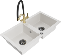 Mexen Mario 2-bowl granite kitchen sink with Duo tap, white - 6504-20-671701-57-B