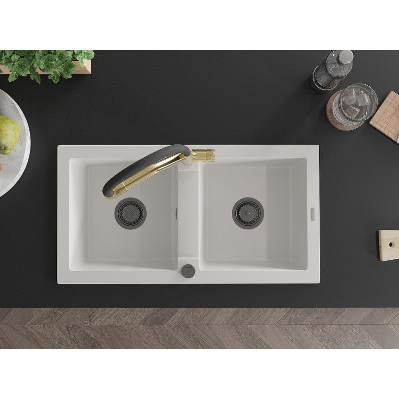 Mexen Mario 2-bowl granite kitchen sink with Duo tap, white - 6504-20-671701-57-B