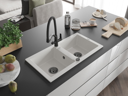 Mexen Mario granite double-bowl sink with Duo kitchen faucet, white - 6504-20-671701-70-B