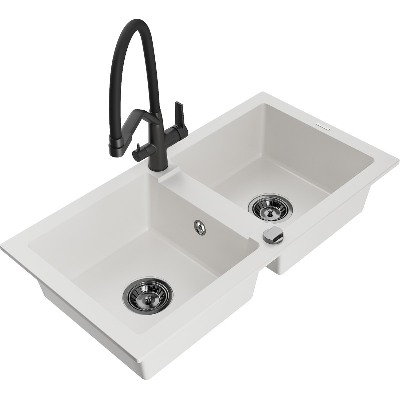 Mexen Mario granite double-bowl sink with Duo kitchen faucet, white - 6504-20-671701-70-B