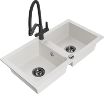 Mexen Mario granite double-bowl sink with Duo kitchen faucet, white - 6504-20-671701-70-B