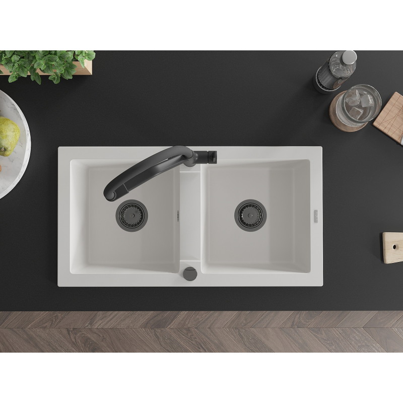 Mexen Mario granite double-bowl sink with Duo kitchen faucet, white - 6504-20-671701-70-B