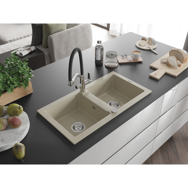 Mexen Mario granite double-bowl kitchen sink with Duo faucet, beige - 6504-69-671701-07