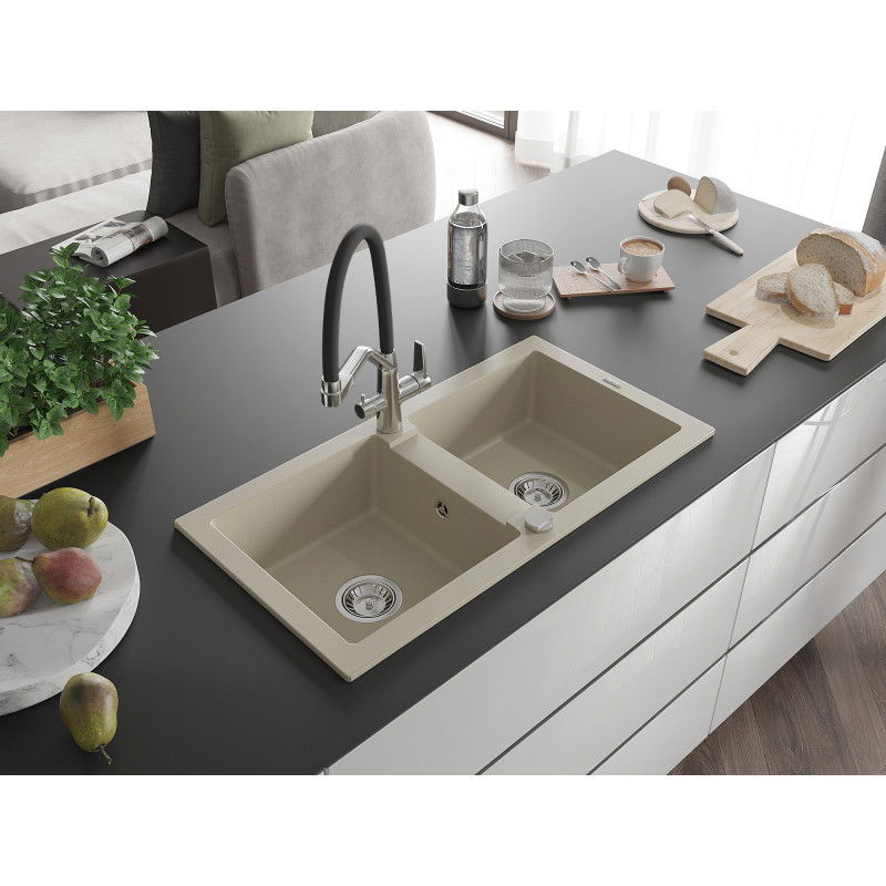 Mexen Mario granite kitchen sink 2-bowl with Duo kitchen tap, beige - 6504-69-671701-07