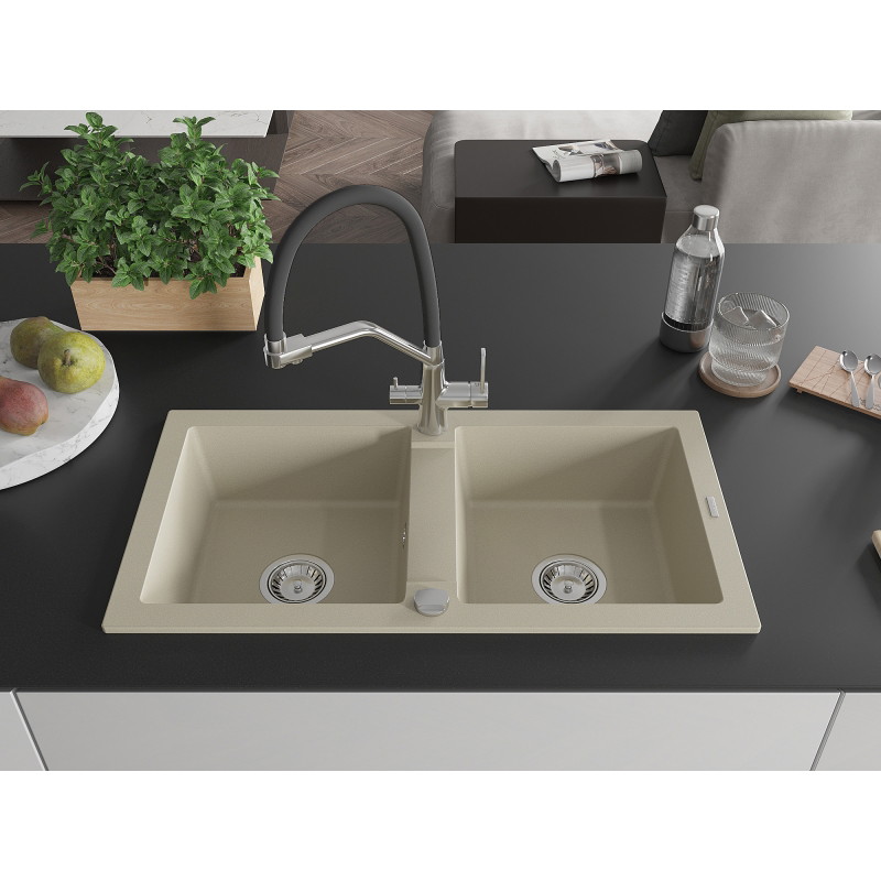 Mexen Mario granite double-bowl kitchen sink with Duo faucet, beige - 6504-69-671701-07