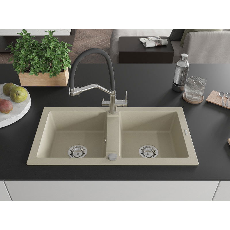Mexen Mario granite kitchen sink 2-bowl with Duo kitchen tap, beige - 6504-69-671701-07