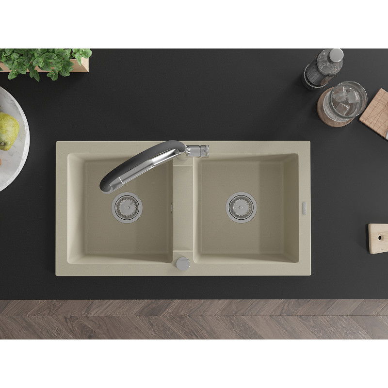 Mexen Mario granite kitchen sink 2-bowl with Duo kitchen tap, beige - 6504-69-671701-07