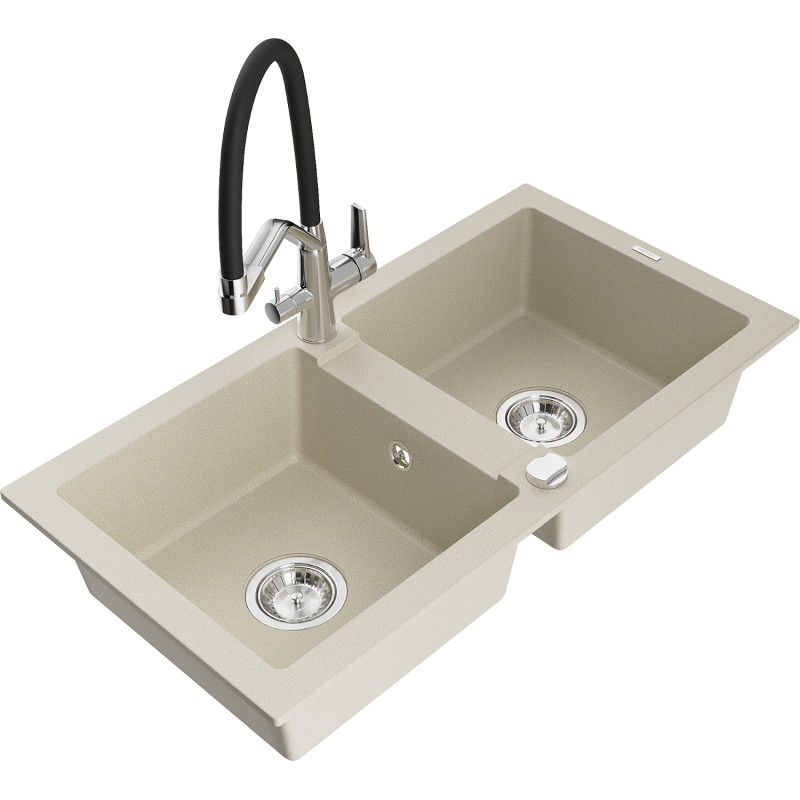 Mexen Mario 2-bowl granite kitchen sink with Duo kitchen faucet, beige - 6504-69-671701-07