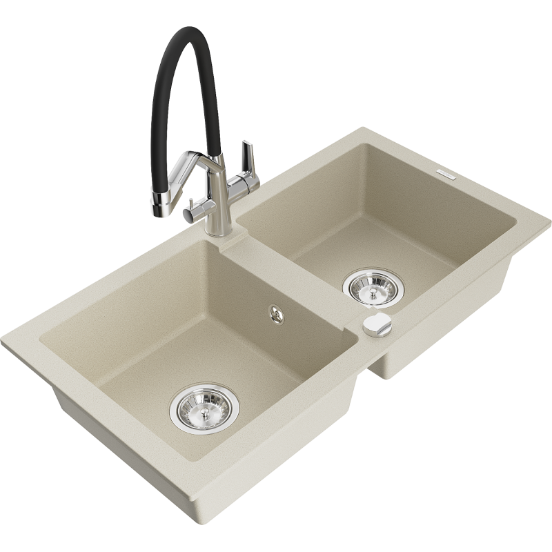 Mexen Mario granite kitchen sink 2-bowl with Duo kitchen tap, beige - 6504-69-671701-07