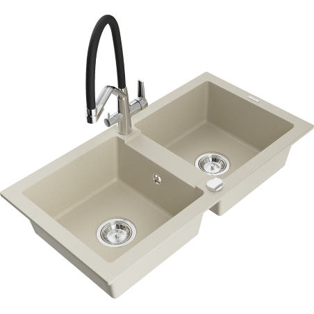 Mexen Mario 2-bowl granite kitchen sink with Duo kitchen faucet, beige - 6504-69-671701-07
