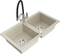 Mexen Mario granite kitchen sink 2-bowl with Duo kitchen tap, beige - 6504-69-671701-07