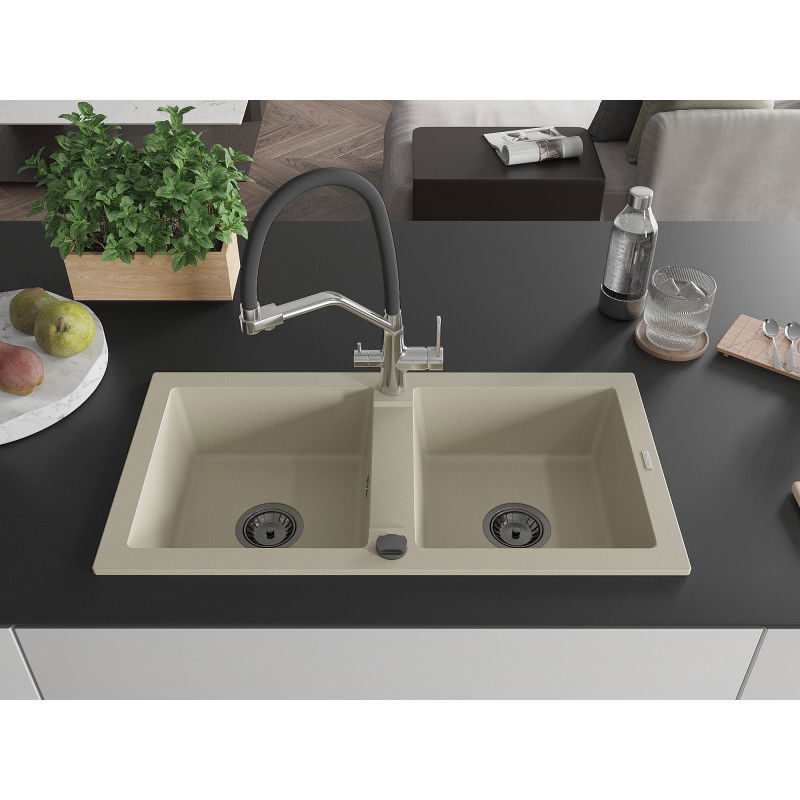 Mexen Mario granite sink 2-chamber with Duo kitchen tap, beige - 6504-69-671701-07-B