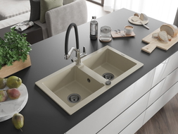 Mexen Mario granite double bowl sink with kitchen faucet Duo, beige - 6504-69-671701-07-B