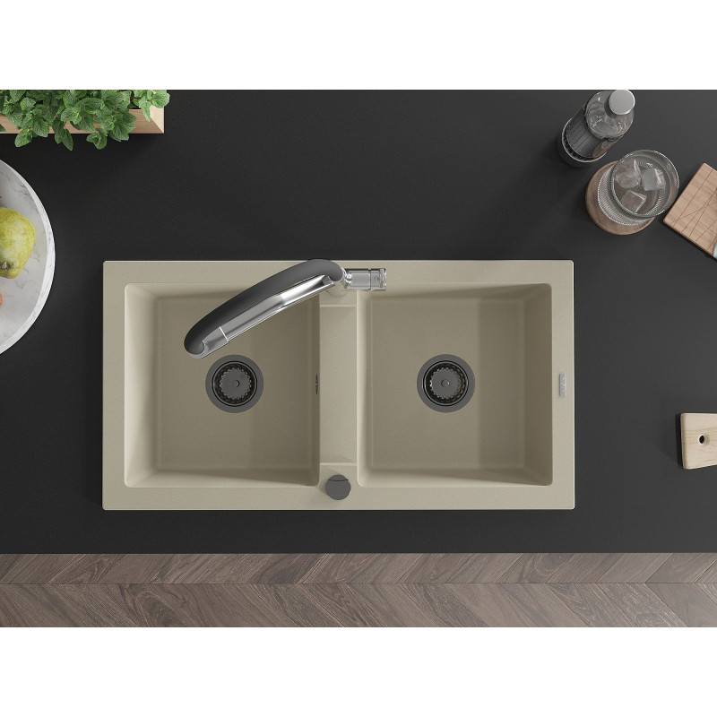 Mexen Mario 2-bowl granite sink with kitchen faucet Duo, beige - 6504-69-671701-07-B