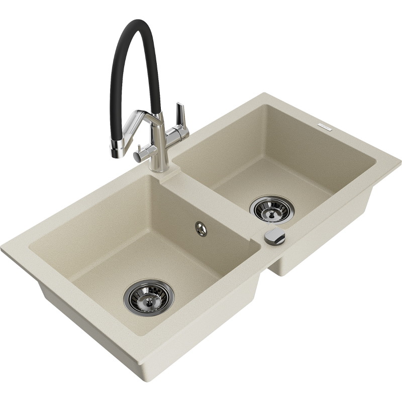 Mexen Mario granite double bowl sink with kitchen faucet Duo, beige - 6504-69-671701-07-B