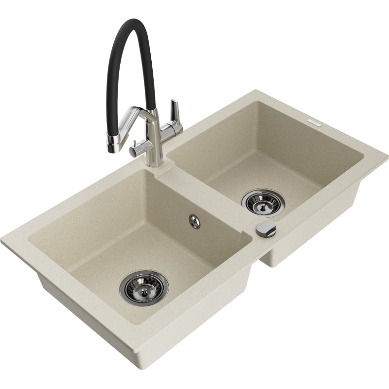 Mexen Mario granite sink 2-chamber with Duo kitchen tap, beige - 6504-69-671701-07-B