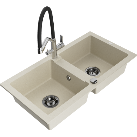 Mexen Mario granite double bowl sink with kitchen faucet Duo, beige - 6504-69-671701-07-B