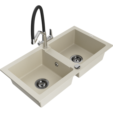 Mexen Mario granite sink 2-chamber with Duo kitchen tap, beige - 6504-69-671701-07-B