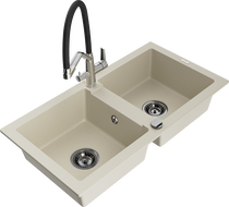 Mexen Mario granite double bowl sink with kitchen faucet Duo, beige - 6504-69-671701-07-B