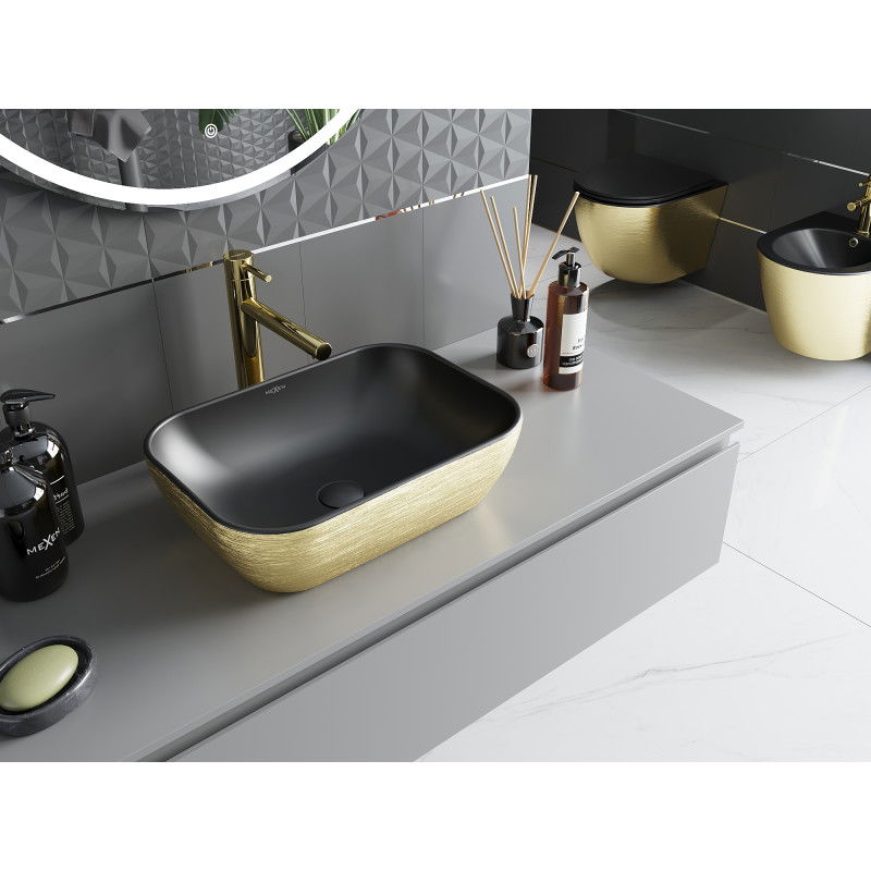 Mexen Rita countertop washbasin 45 x 32 cm, black matte/golden line pattern - 21084577