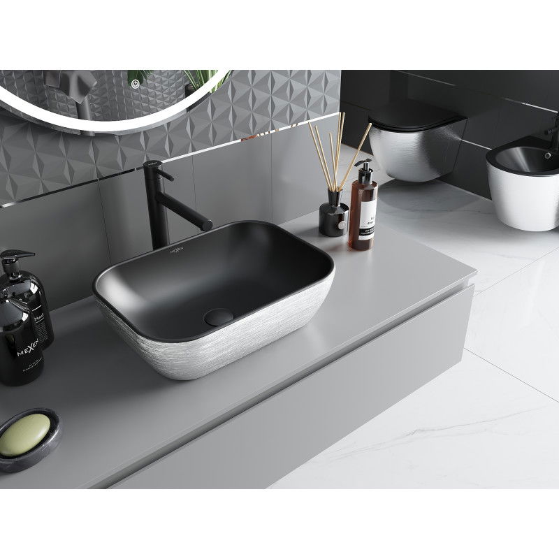 Mexen Rita countertop washbasin 45 x 32 cm, black matte/silver line pattern - 21084573
