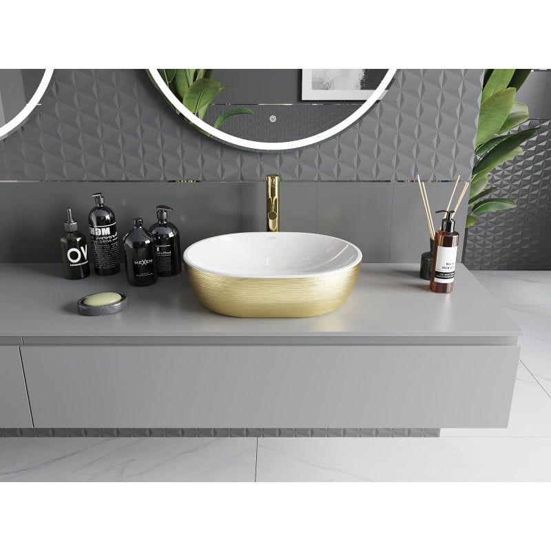 Mexen Viki countertop washbasin 48 x 35 cm, white/gold line pattern - 21054817
