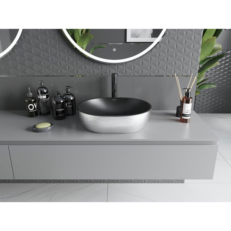 Mexen Viki countertop washbasin 48 x 35 cm, black matte/silver line pattern - 21054873